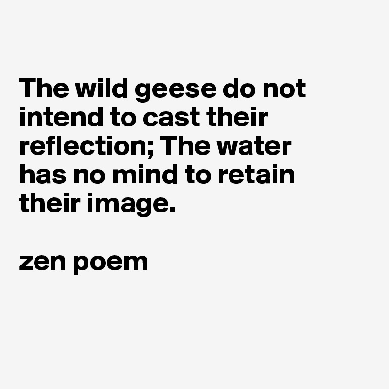 

The wild geese do not intend to cast their reflection; The water 
has no mind to retain 
their image.

zen poem


