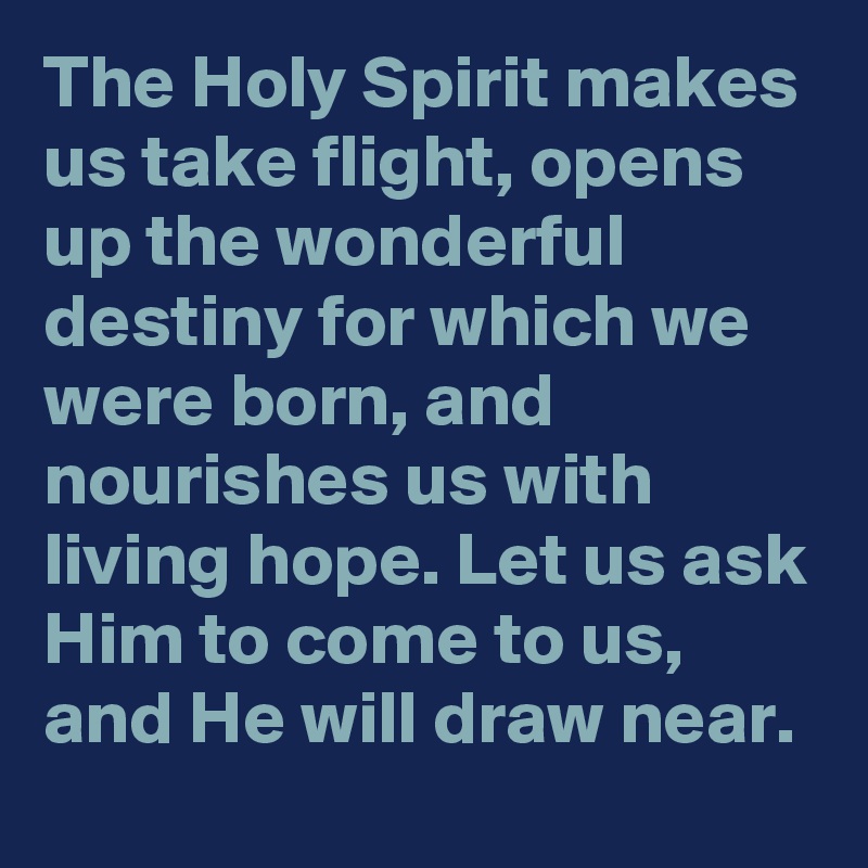 The Holy Spirit makes us take flight, opens up the wonderful destiny for which we were born, and nourishes us with living hope. Let us ask Him to come to us, and He will draw near.