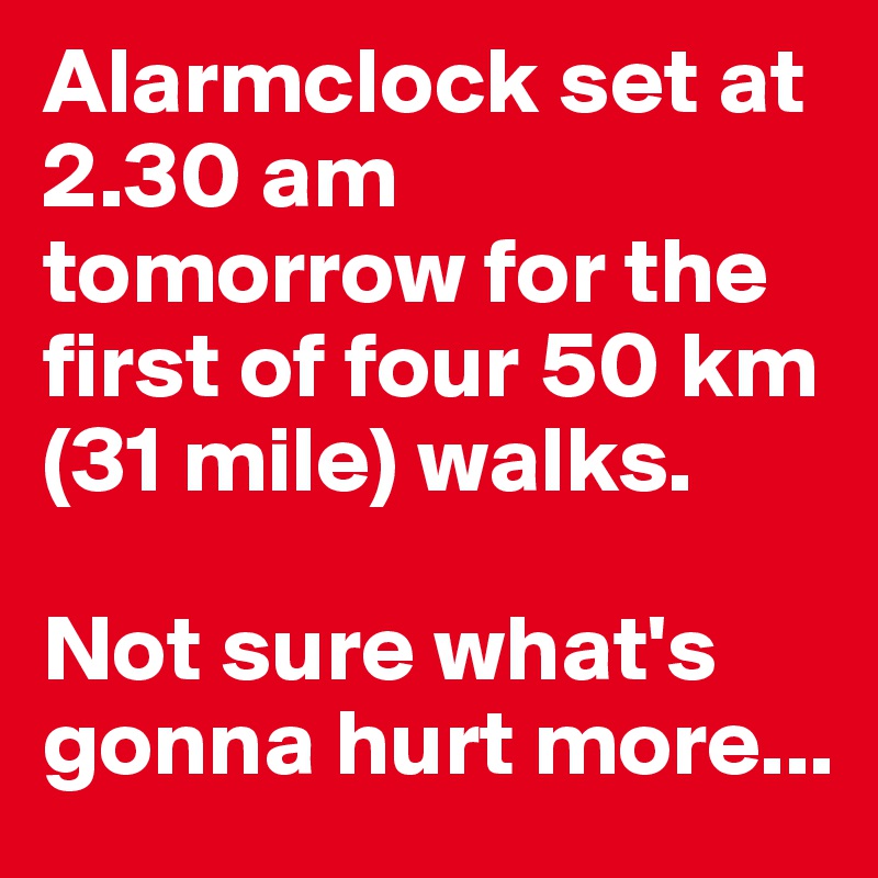 Alarmclock set at 2.30 am tomorrow for the first of four 50 km (31 mile) walks.

Not sure what's gonna hurt more...