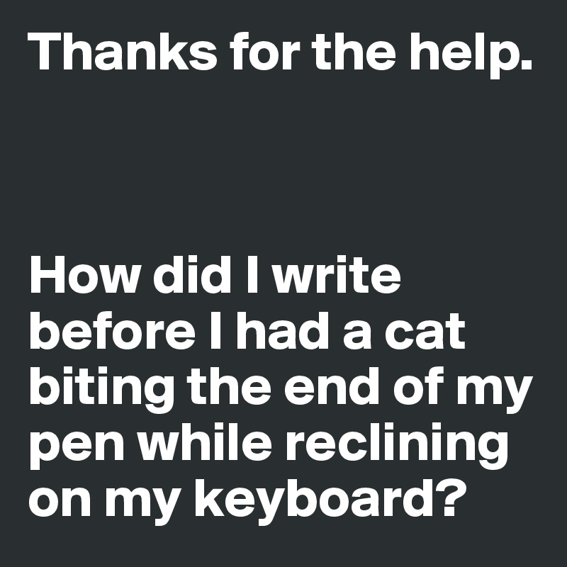 Thanks for the help. 



How did I write before I had a cat biting the end of my pen while reclining on my keyboard? 