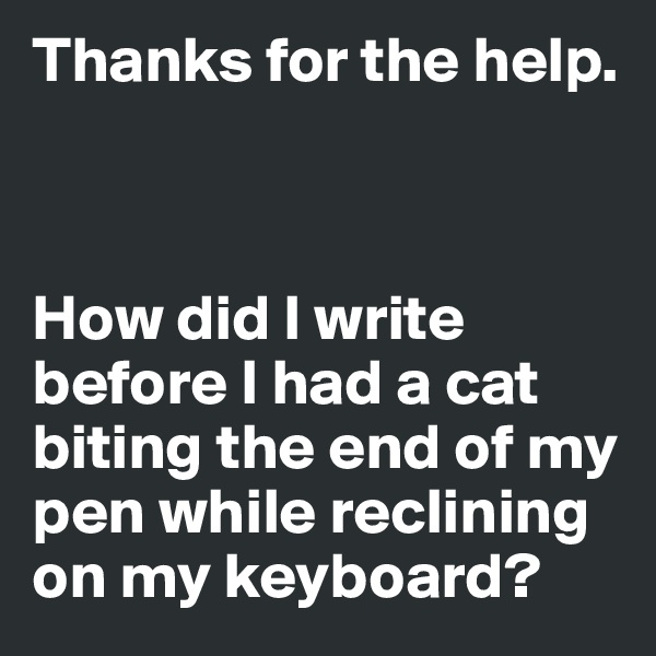 Thanks for the help. 



How did I write before I had a cat biting the end of my pen while reclining on my keyboard? 