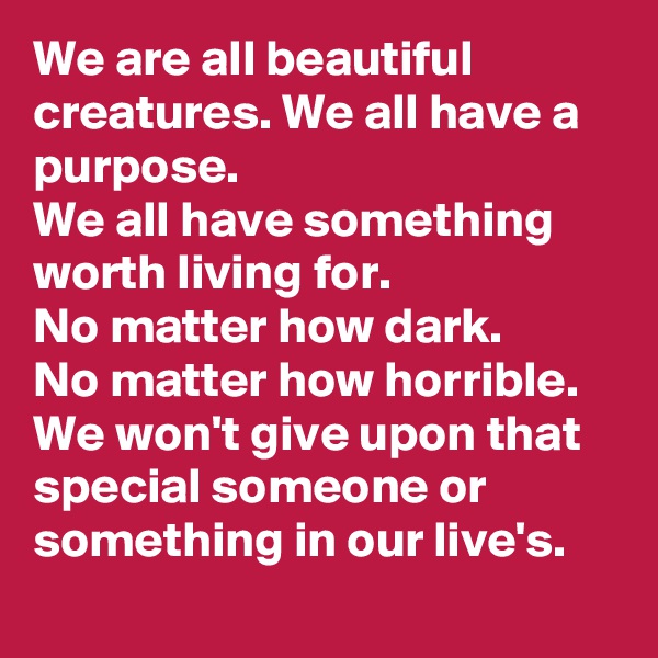We are all beautiful creatures. We all have a purpose.
We all have something worth living for.
No matter how dark.
No matter how horrible. 
We won't give upon that special someone or something in our live's.
