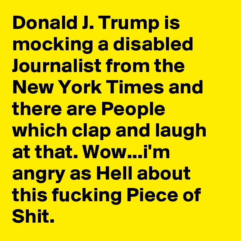 Donald J. Trump is mocking a disabled Journalist from the New York Times and there are People which clap and laugh at that. Wow...i'm angry as Hell about this fucking Piece of Shit.