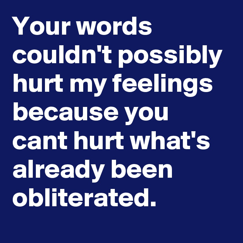 Your words couldn't possibly hurt my feelings because you cant hurt what's already been obliterated. 