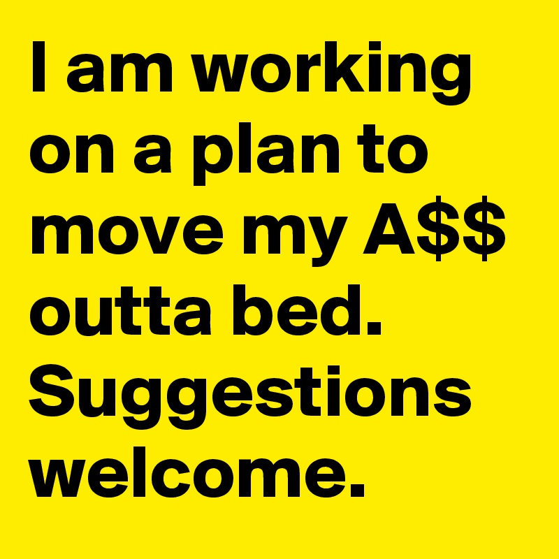 I am working on a plan to move my A$$ outta bed.
Suggestions welcome.