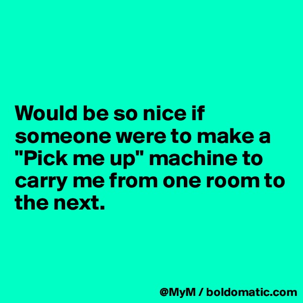 



Would be so nice if someone were to make a "Pick me up" machine to carry me from one room to the next.


