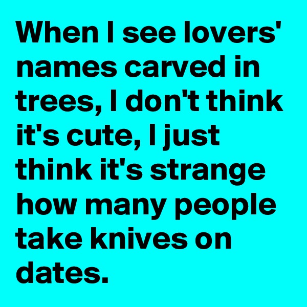 When I see lovers' names carved in trees, I don't think it's cute, I just think it's strange how many people take knives on dates.