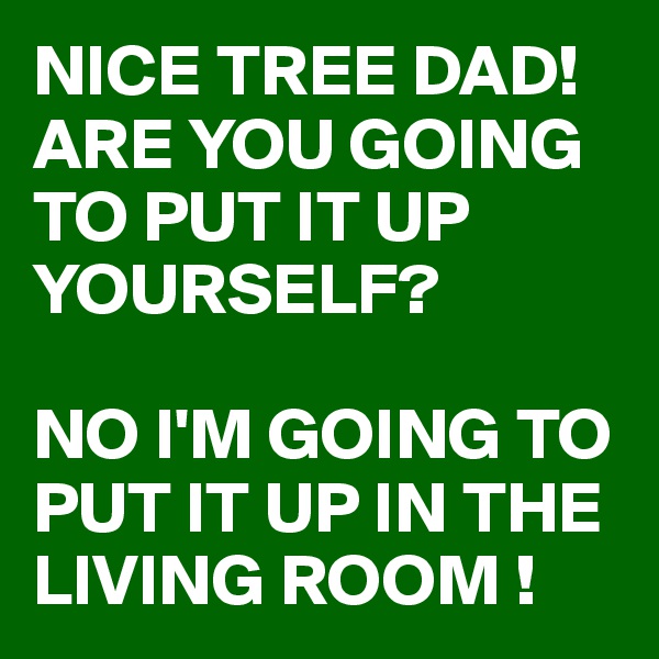 NICE TREE DAD! ARE YOU GOING TO PUT IT UP YOURSELF?

NO I'M GOING TO PUT IT UP IN THE LIVING ROOM !