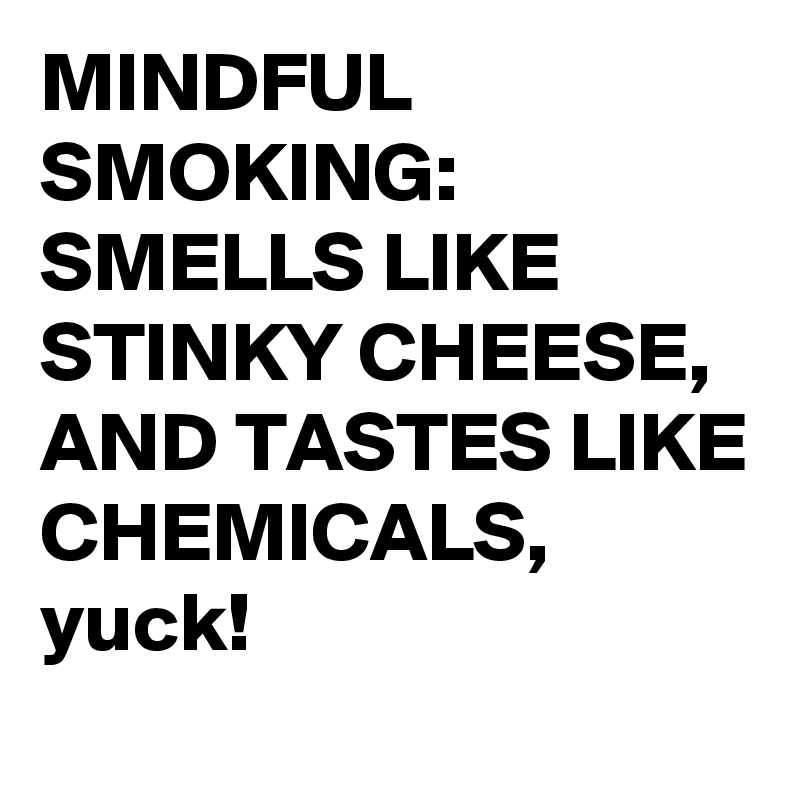 MINDFUL SMOKING:
SMELLS LIKE STINKY CHEESE, AND TASTES LIKE CHEMICALS, 
yuck!
