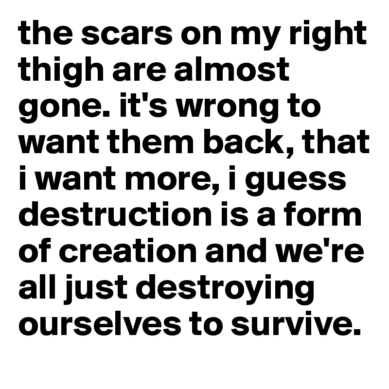 the scars on my right thigh are almost gone. it's wrong to want them back, that i want more, i guess destruction is a form of creation and we're all just destroying ourselves to survive. 