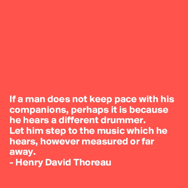 







If a man does not keep pace with his companions, perhaps it is because he hears a different drummer.
Let him step to the music which he hears, however measured or far away.
- Henry David Thoreau