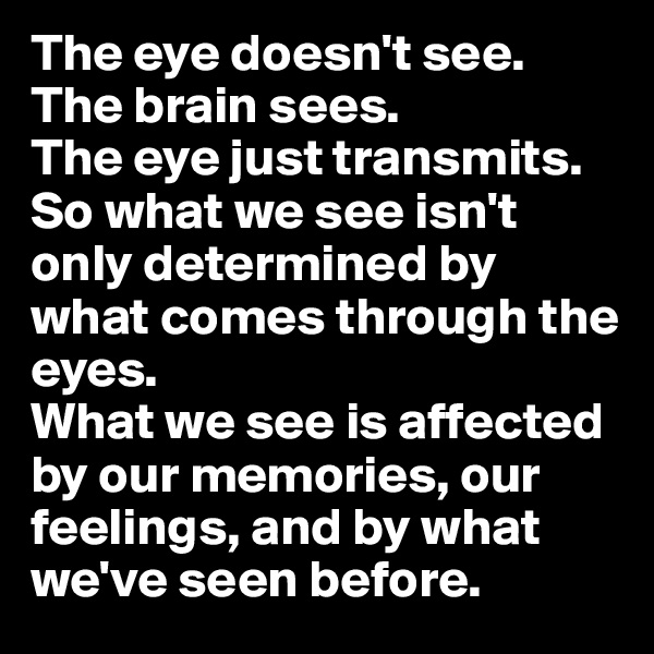 The eye doesn't see. The brain sees. 
The eye just transmits. 
So what we see isn't only determined by what comes through the eyes. 
What we see is affected by our memories, our feelings, and by what we've seen before. 