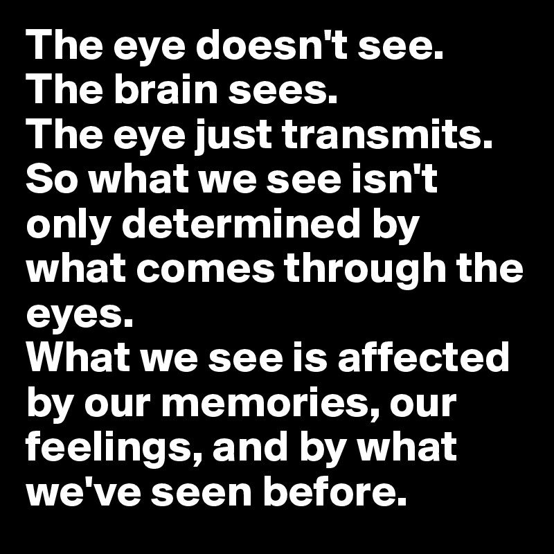 The eye doesn't see. The brain sees. 
The eye just transmits. 
So what we see isn't only determined by what comes through the eyes. 
What we see is affected by our memories, our feelings, and by what we've seen before. 