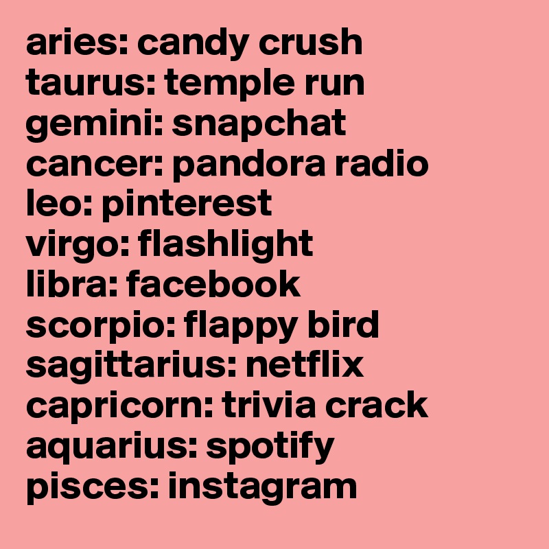 aries: candy crush
taurus: temple run
gemini: snapchat
cancer: pandora radio
leo: pinterest
virgo: flashlight
libra: facebook
scorpio: flappy bird
sagittarius: netflix
capricorn: trivia crack
aquarius: spotify
pisces: instagram