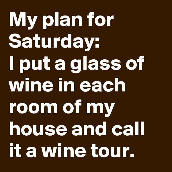 My plan for Saturday:
I put a glass of wine in each room of my house and call it a wine tour.