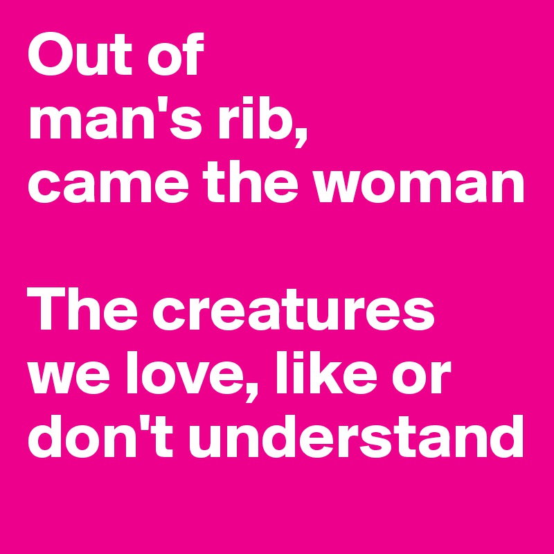 Out of
man's rib,
came the woman

The creatures we love, like or don't understand
