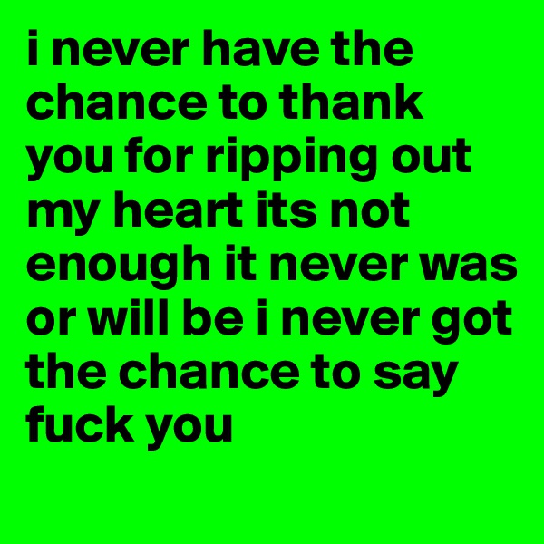 i never have the chance to thank you for ripping out my heart its not enough it never was or will be i never got the chance to say fuck you