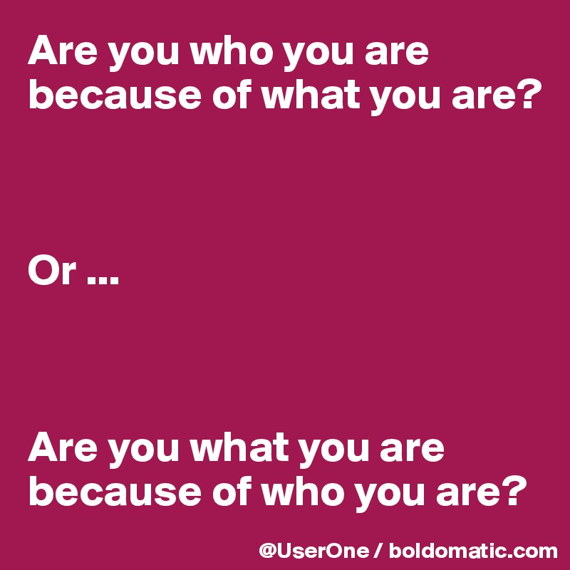 Are you who you are because of what you are?



Or ...



Are you what you are because of who you are?