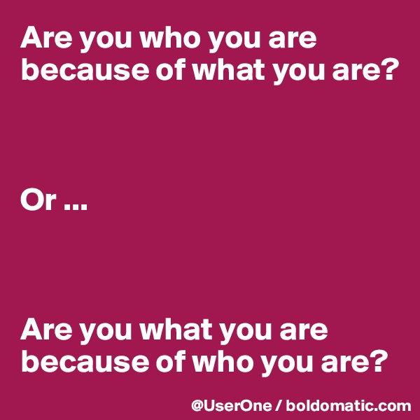Are you who you are because of what you are?



Or ...



Are you what you are because of who you are?