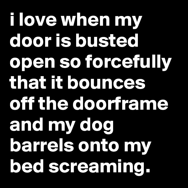 i love when my door is busted open so forcefully that it bounces off the doorframe and my dog barrels onto my bed screaming.