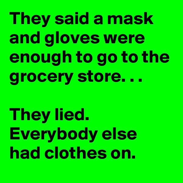 They said a mask and gloves were enough to go to the grocery store. . .

They lied.
Everybody else had clothes on. 