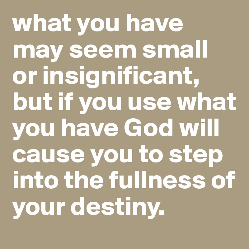 what you have may seem small or insignificant, but if you use what you have God will cause you to step into the fullness of your destiny.
