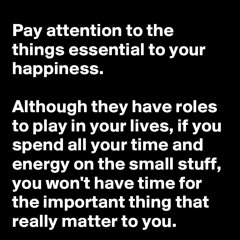 Pay attention to the things essential to your happiness.

Although they have roles to play in your lives, if you spend all your time and energy on the small stuff, you won't have time for the important thing that really matter to you.