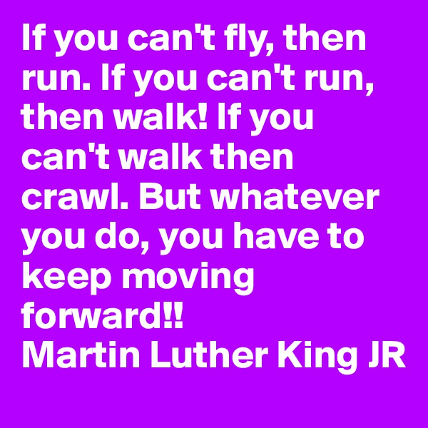 If you can't fly, then run. If you can't run, then walk! If you can't walk then crawl. But whatever you do, you have to keep moving forward!!
Martin Luther King JR