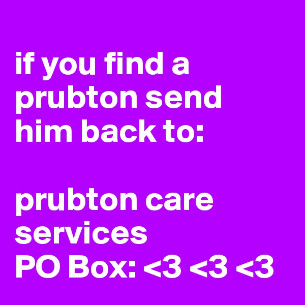 
if you find a prubton send 
him back to:

prubton care services 
PO Box: <3 <3 <3