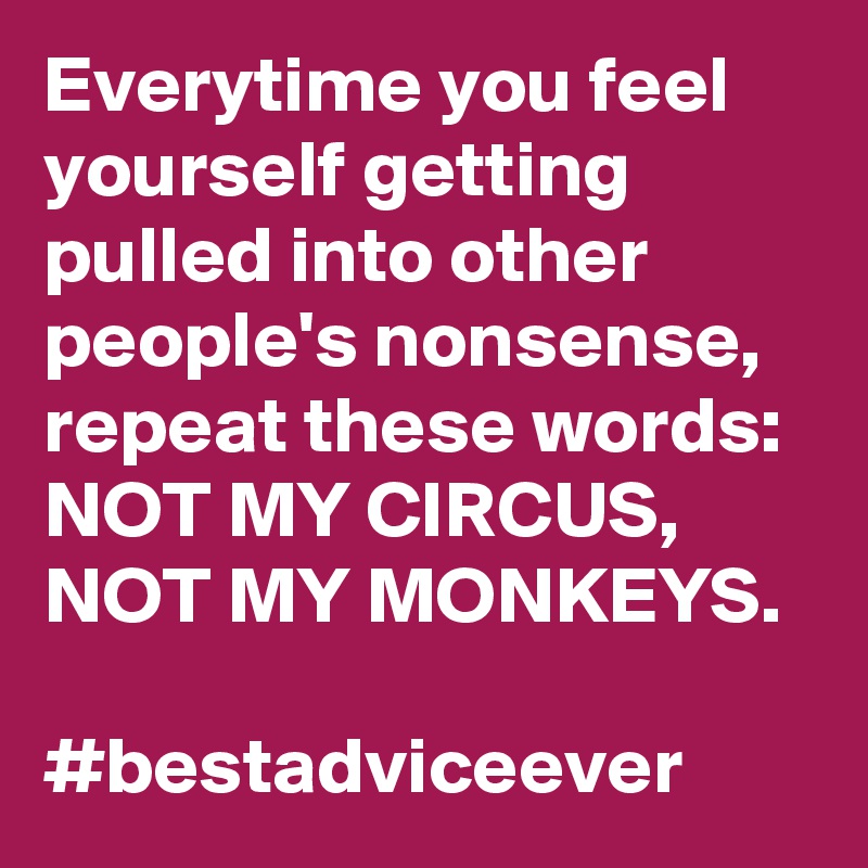 Everytime you feel yourself getting pulled into other people's nonsense, repeat these words: NOT MY CIRCUS, NOT MY MONKEYS. 

#bestadviceever