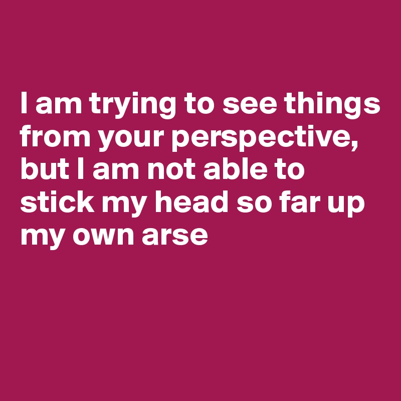 

I am trying to see things from your perspective, but I am not able to stick my head so far up my own arse


