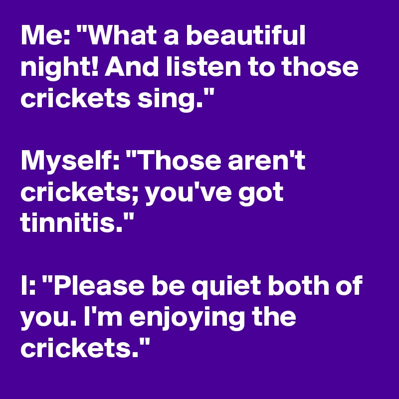 Me: "What a beautiful night! And listen to those crickets sing."

Myself: "Those aren't crickets; you've got tinnitis."

I: "Please be quiet both of you. I'm enjoying the crickets."