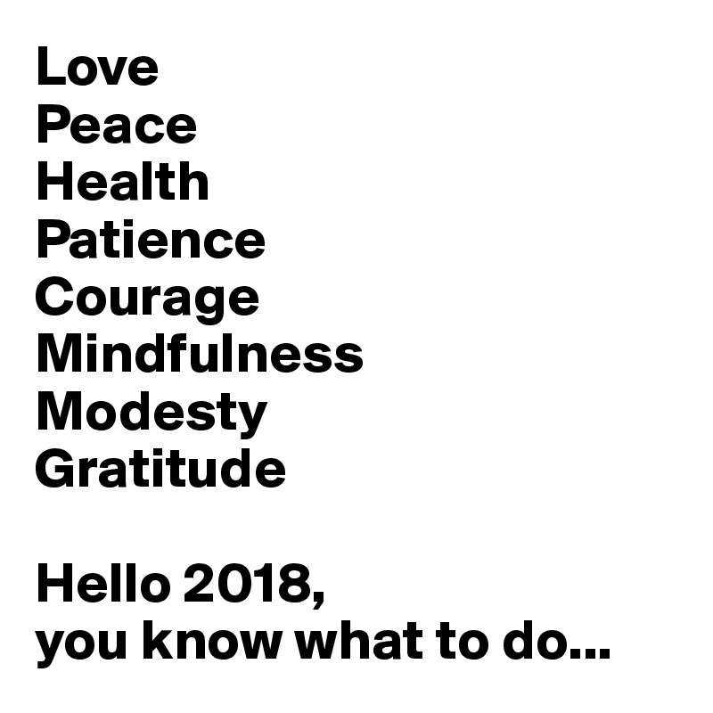 Love 
Peace
Health
Patience
Courage
Mindfulness
Modesty
Gratitude

Hello 2018, 
you know what to do...