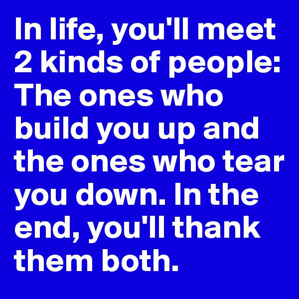 In life, you'll meet 2 kinds of people: The ones who build you up and the ones who tear you down. In the end, you'll thank them both.