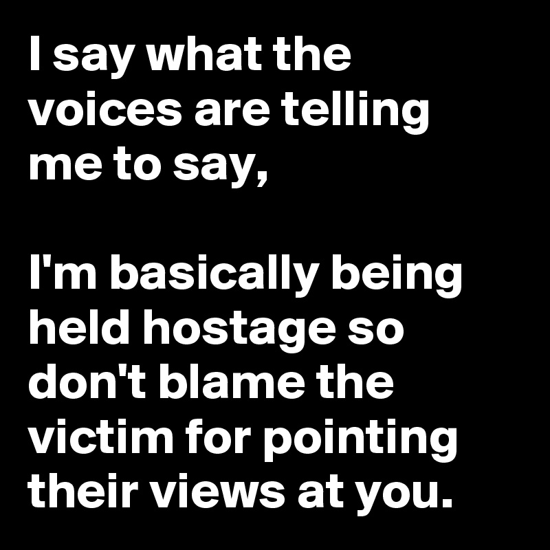 I say what the voices are telling me to say, 

I'm basically being held hostage so don't blame the victim for pointing their views at you.