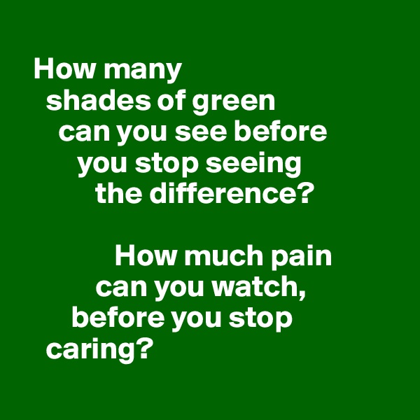 
  How many 
    shades of green 
      can you see before 
         you stop seeing 
            the difference? 

               How much pain   
            can you watch, 
        before you stop 
    caring? 
                            