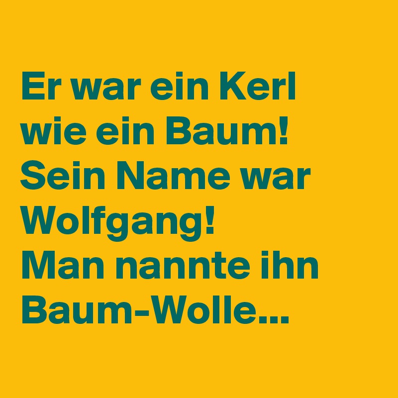 
Er war ein Kerl wie ein Baum!
Sein Name war Wolfgang!
Man nannte ihn Baum-Wolle...
