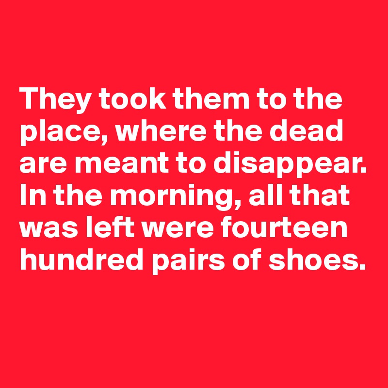 

They took them to the place, where the dead are meant to disappear. In the morning, all that was left were fourteen hundred pairs of shoes.

