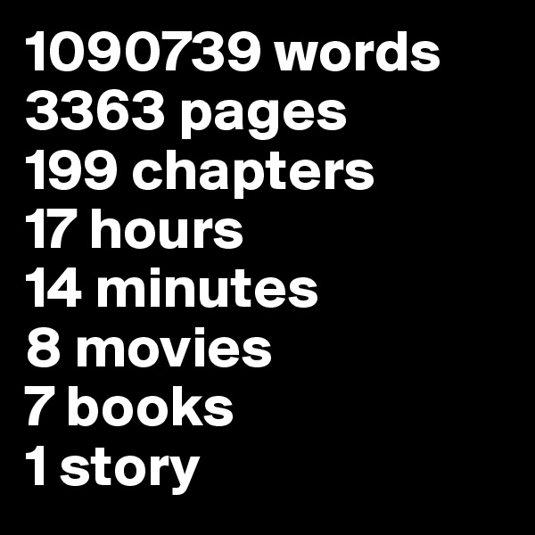 1090739 words
3363 pages
199 chapters
17 hours
14 minutes
8 movies
7 books
1 story