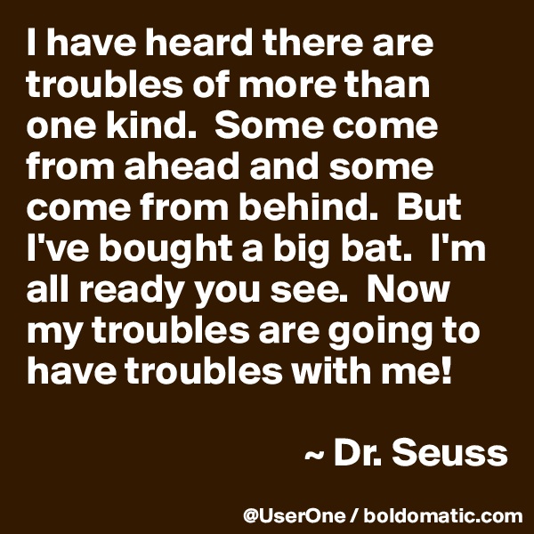 I have heard there are troubles of more than one kind.  Some come from ahead and some come from behind.  But I've bought a big bat.  I'm all ready you see.  Now my troubles are going to have troubles with me!

                                  ~ Dr. Seuss