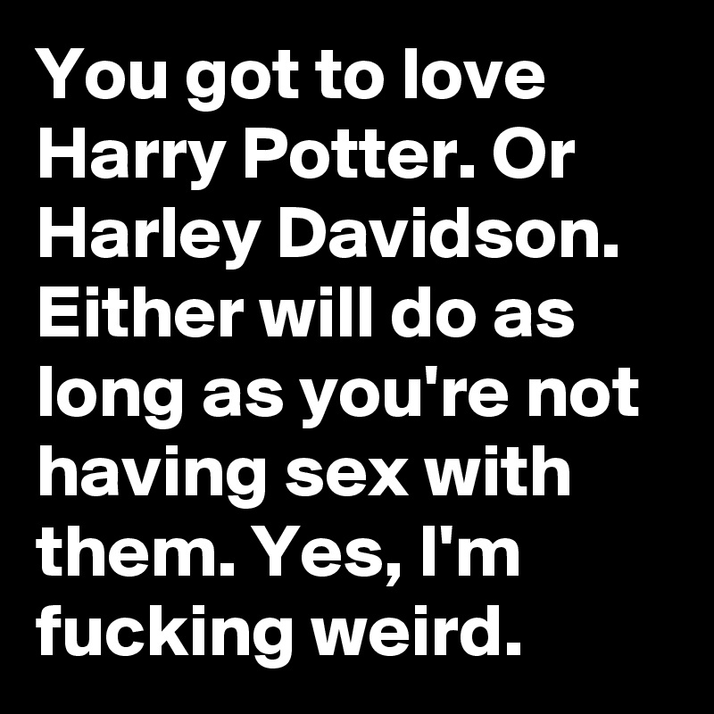 You got to love Harry Potter. Or Harley Davidson. Either will do as long as you're not having sex with them. Yes, I'm fucking weird. 