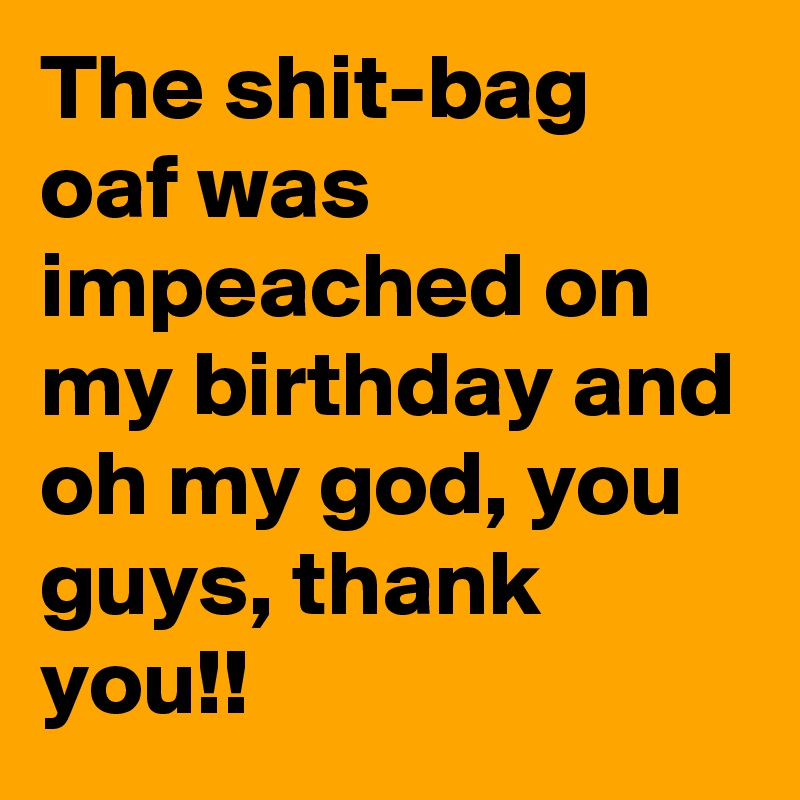 The shit-bag oaf was impeached on my birthday and oh my god, you guys, thank you!!