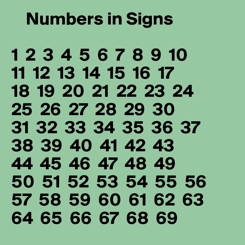     Numbers in Signs

1  2  3  4  5  6  7  8  9  10
11  12  13  14  15  16  17
18  19  20  21  22  23  24
25  26  27  28  29  30
31  32  33  34  35  36  37
38  39  40  41  42  43  
44  45  46  47  48  49
50  51  52  53  54  55  56
57  58  59  60  61  62  63
64  65  66  67  68  69