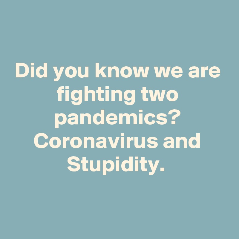 

Did you know we are fighting two pandemics? Coronavirus and Stupidity. 

