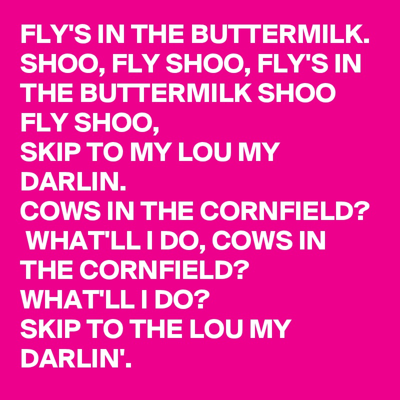 FLY'S IN THE BUTTERMILK.
SHOO, FLY SHOO, FLY'S IN THE BUTTERMILK SHOO FLY SHOO, 
SKIP TO MY LOU MY DARLIN.
COWS IN THE CORNFIELD?  WHAT'LL I DO, COWS IN THE CORNFIELD?  WHAT'LL I DO?
SKIP TO THE LOU MY DARLIN'.