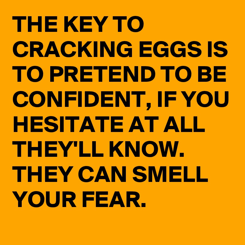 THE KEY TO CRACKING EGGS IS TO PRETEND TO BE CONFIDENT, IF YOU HESITATE AT ALL THEY'LL KNOW. THEY CAN SMELL YOUR FEAR.