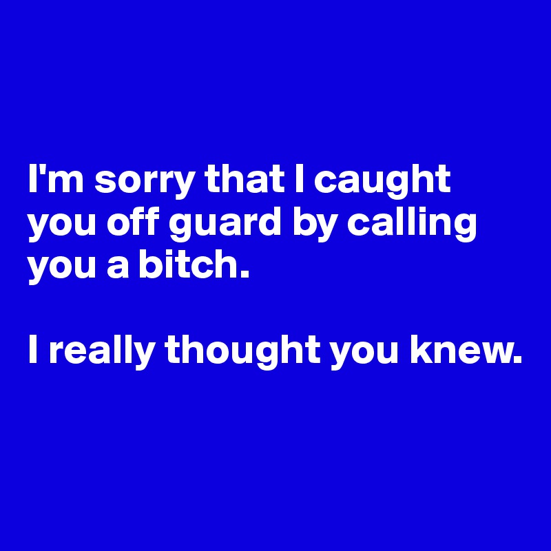 


I'm sorry that I caught you off guard by calling you a bitch. 

I really thought you knew. 


