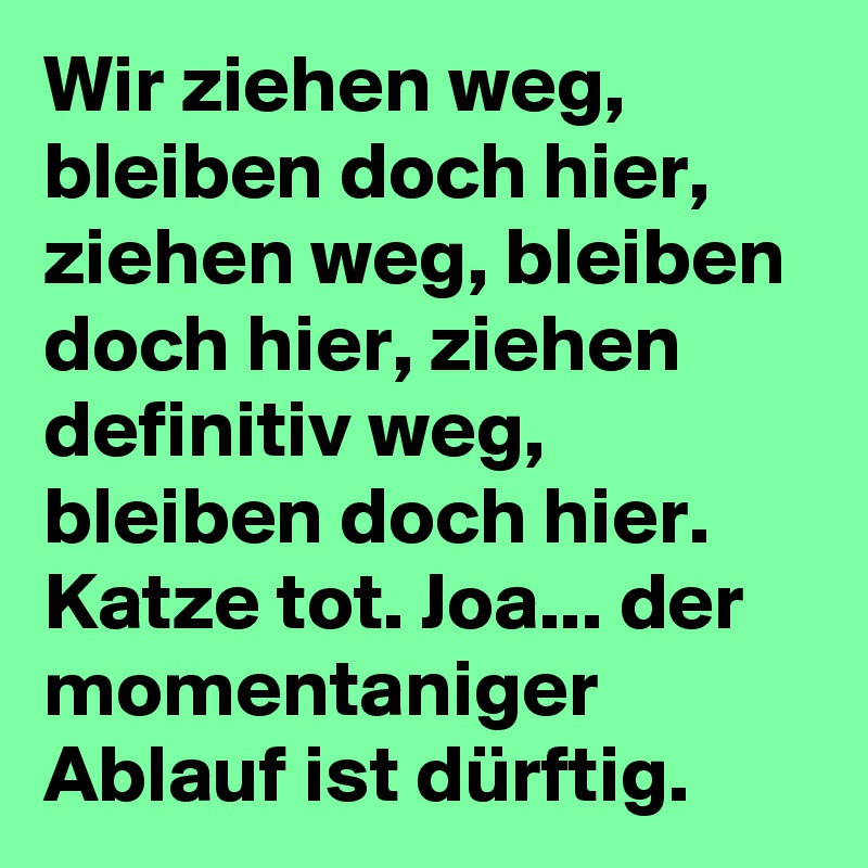 Wir ziehen weg, bleiben doch hier, ziehen weg, bleiben doch hier, ziehen definitiv weg, bleiben doch hier. Katze tot. Joa... der momentaniger Ablauf ist dürftig.