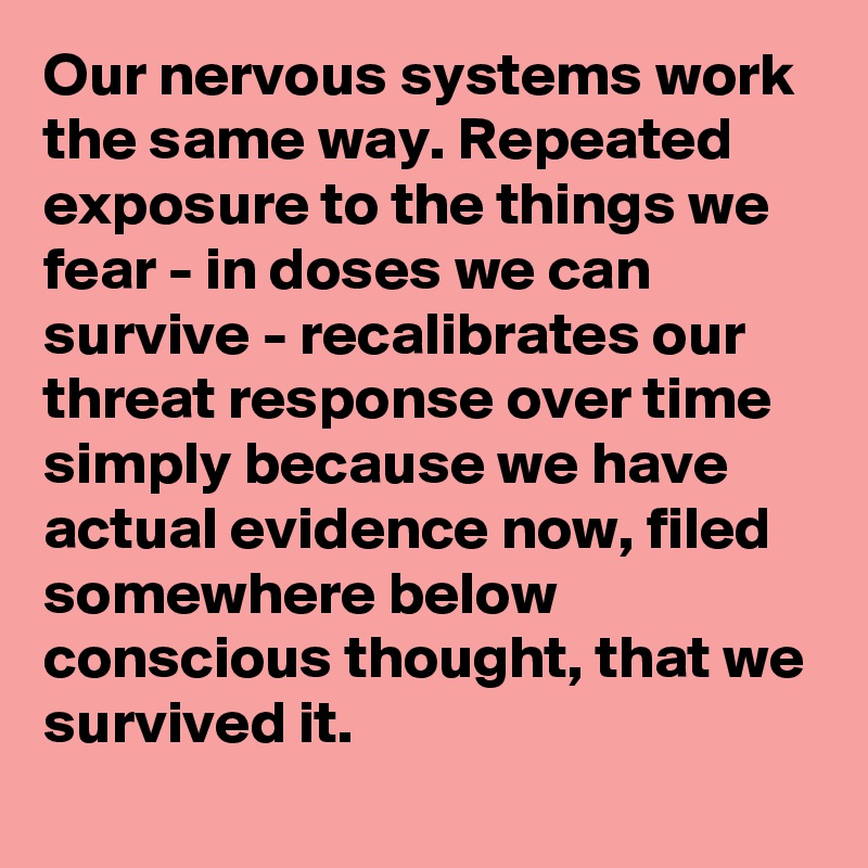 Our nervous systems work the same way. Repeated exposure to the things we fear - in doses we can survive - recalibrates our threat response over time simply because we have actual evidence now, filed somewhere below conscious thought, that we survived it. 