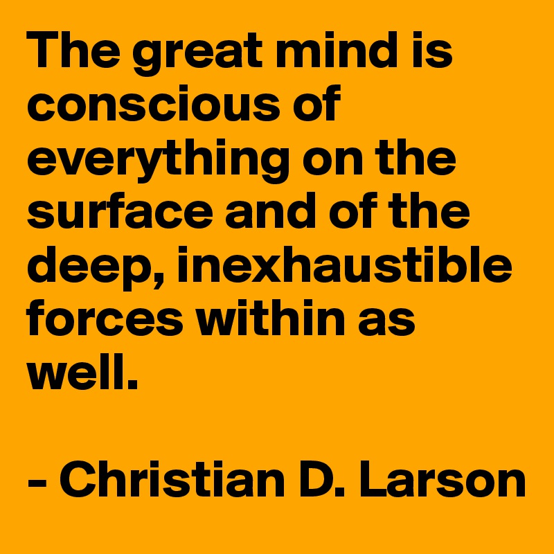 The great mind is conscious of everything on the surface and of the deep, inexhaustible forces within as well.

- Christian D. Larson